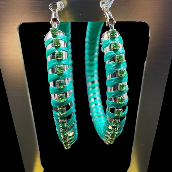 Green Rhinestone Hoop Earrings Y2K Statement Festival Retro - Picture 5 of 6